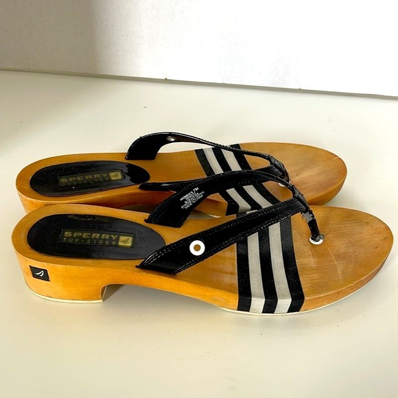 Sperry Top Sider Black and Tan Striped Wooden Sandals Size 7 Flip Flop Slip On - Picture 11 of 14
